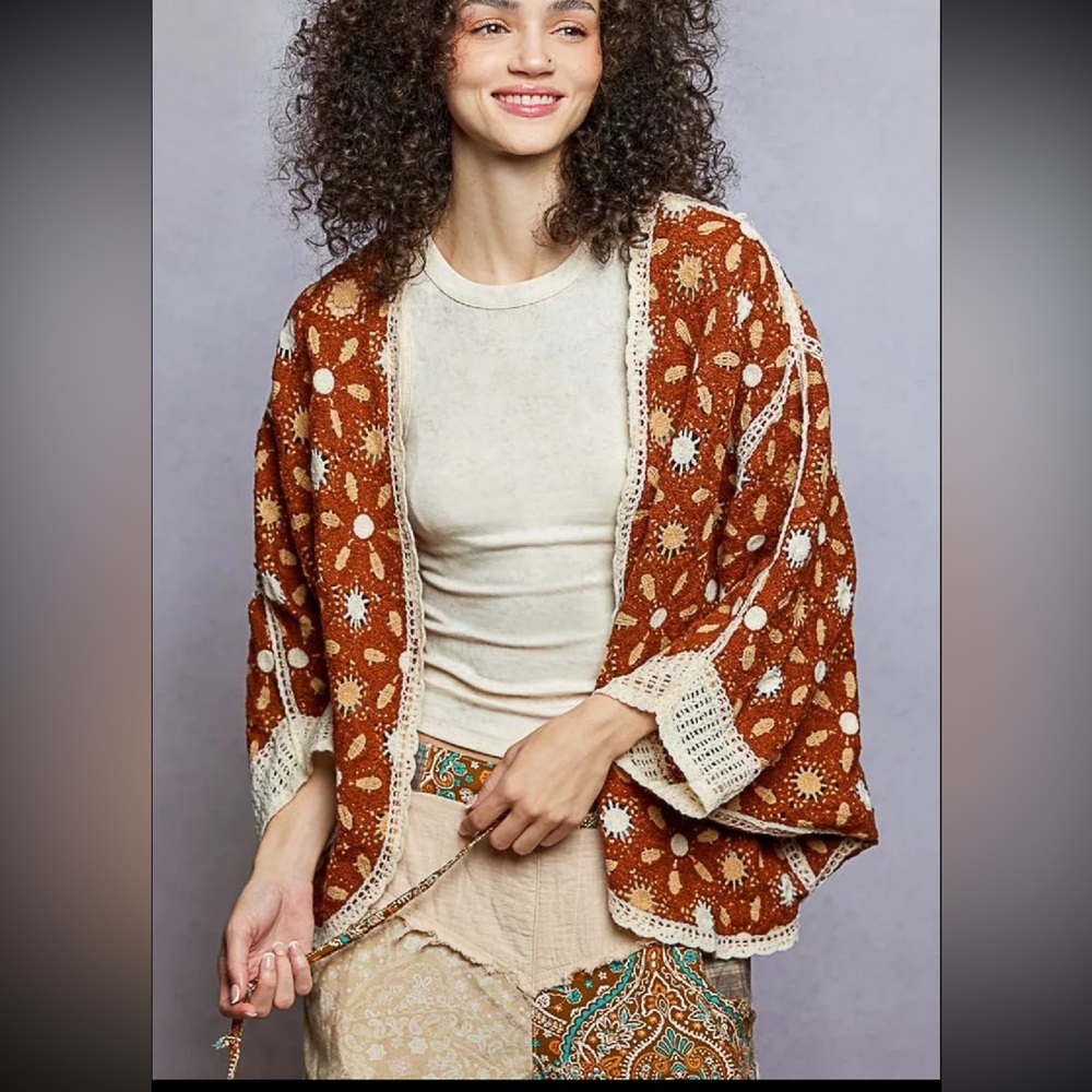 POL Boho Open Front Floral Pattern Crochet Cardigan